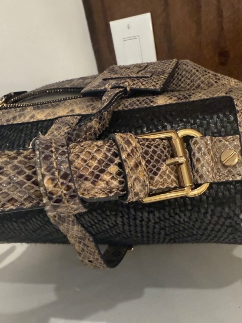 Tory Burch Black Woven and Snake-Print Brown Top Handle Shoulder Bag - Picture 3 of 16